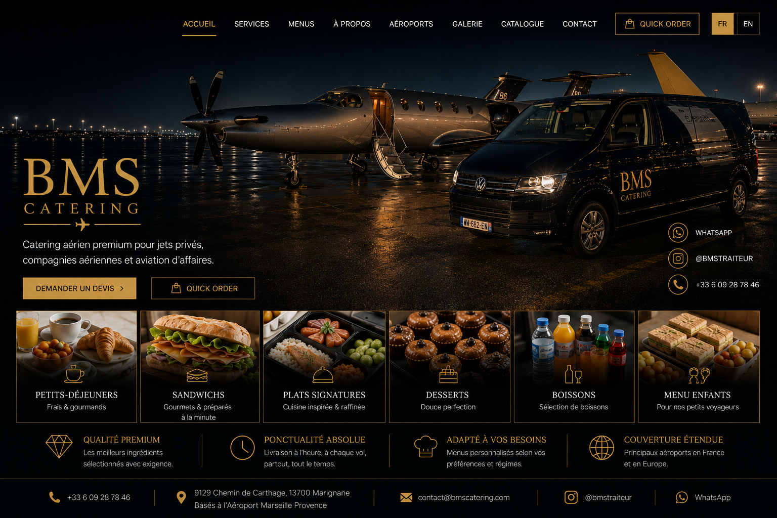Page d’accueil BMS Catering avec avion, Volkswagen Transporter et catégories de menus